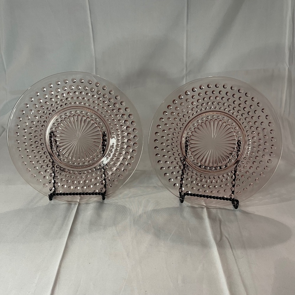 Vintage Pink Depression Glass Thousand Eye Hobnail Plates Set of 2  NO CHIPS